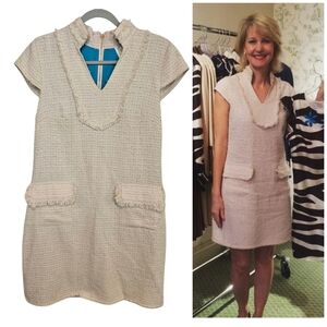 Sail To Sable Vneck Tweed Cap Sleeve Shift Mini Dress Quiet Luxury Preppy